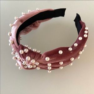 Pink Knot Velvet Headband with Faux Pearls